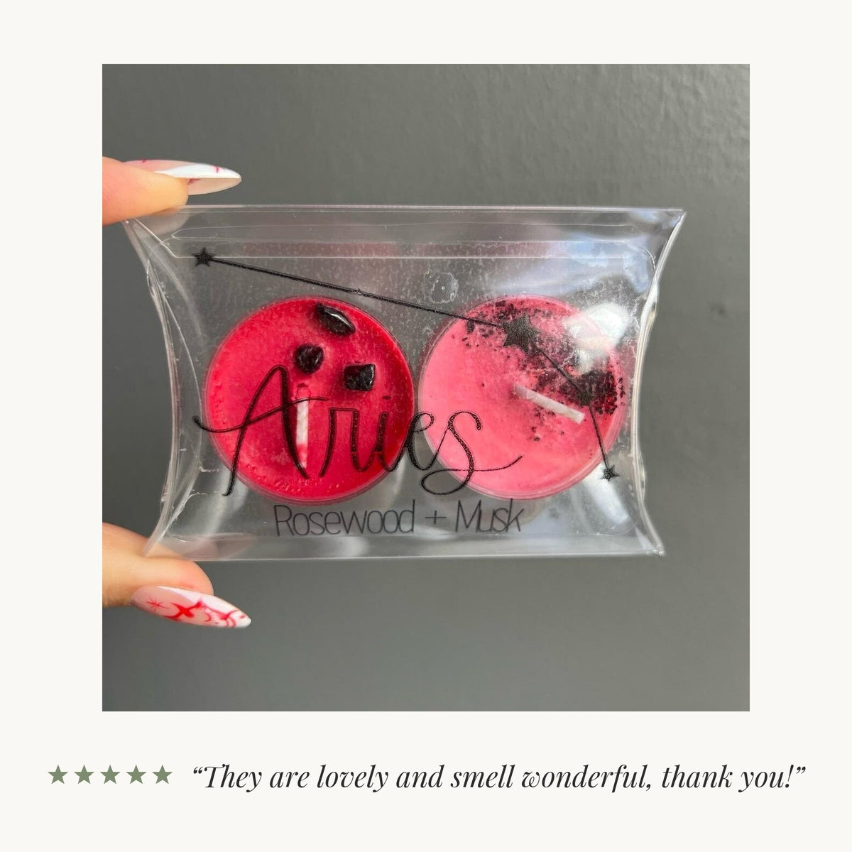 Five-star review from an Etsy buyer: “They are lovely and smell wonderful, thank you!”