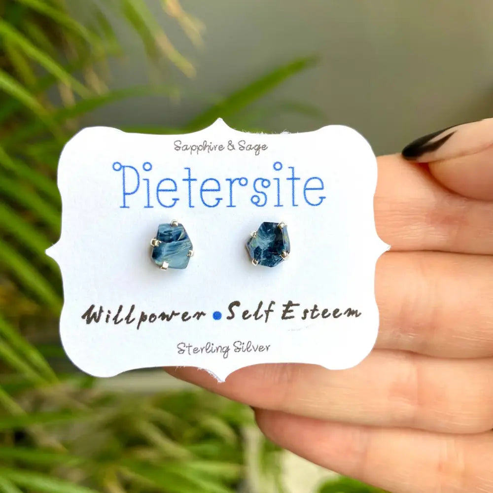 Raw Pietersite sterling silver earrings in blue and gray hues