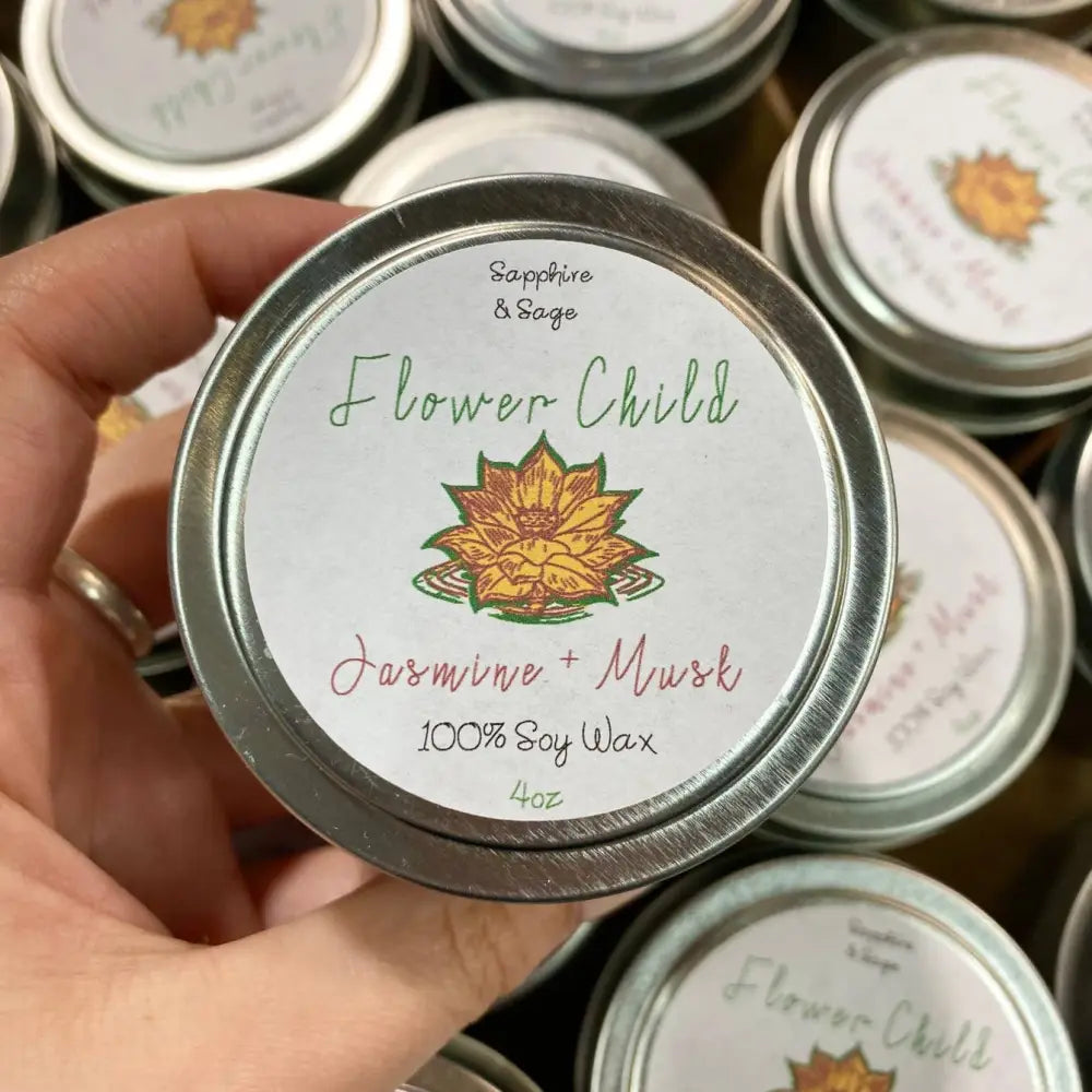 10 oz Garnet and Calendula Jasmine Musk Tin Candle display