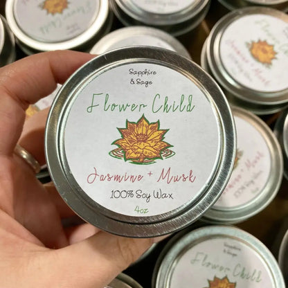 10 oz Garnet and Calendula Jasmine Musk Tin Candle display