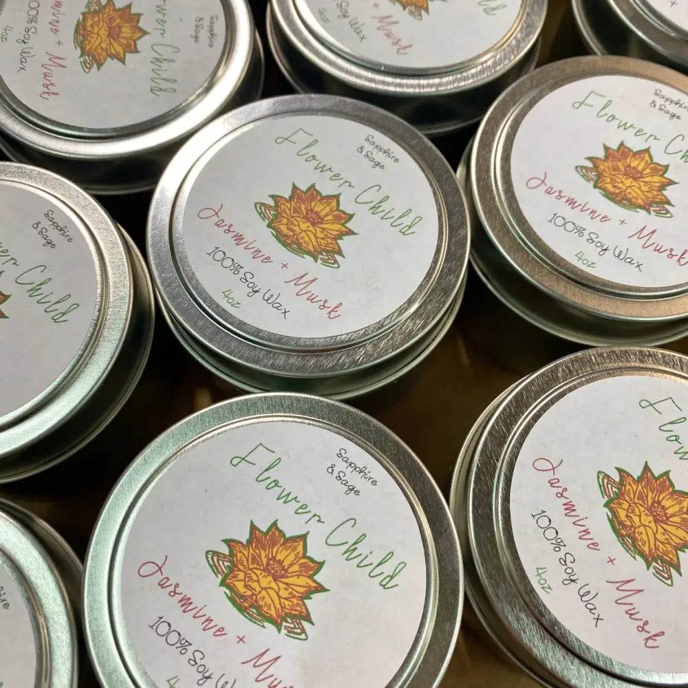 4oz Garnet and Calendula Jasmine Musk soy wax candle tin with sunflower design