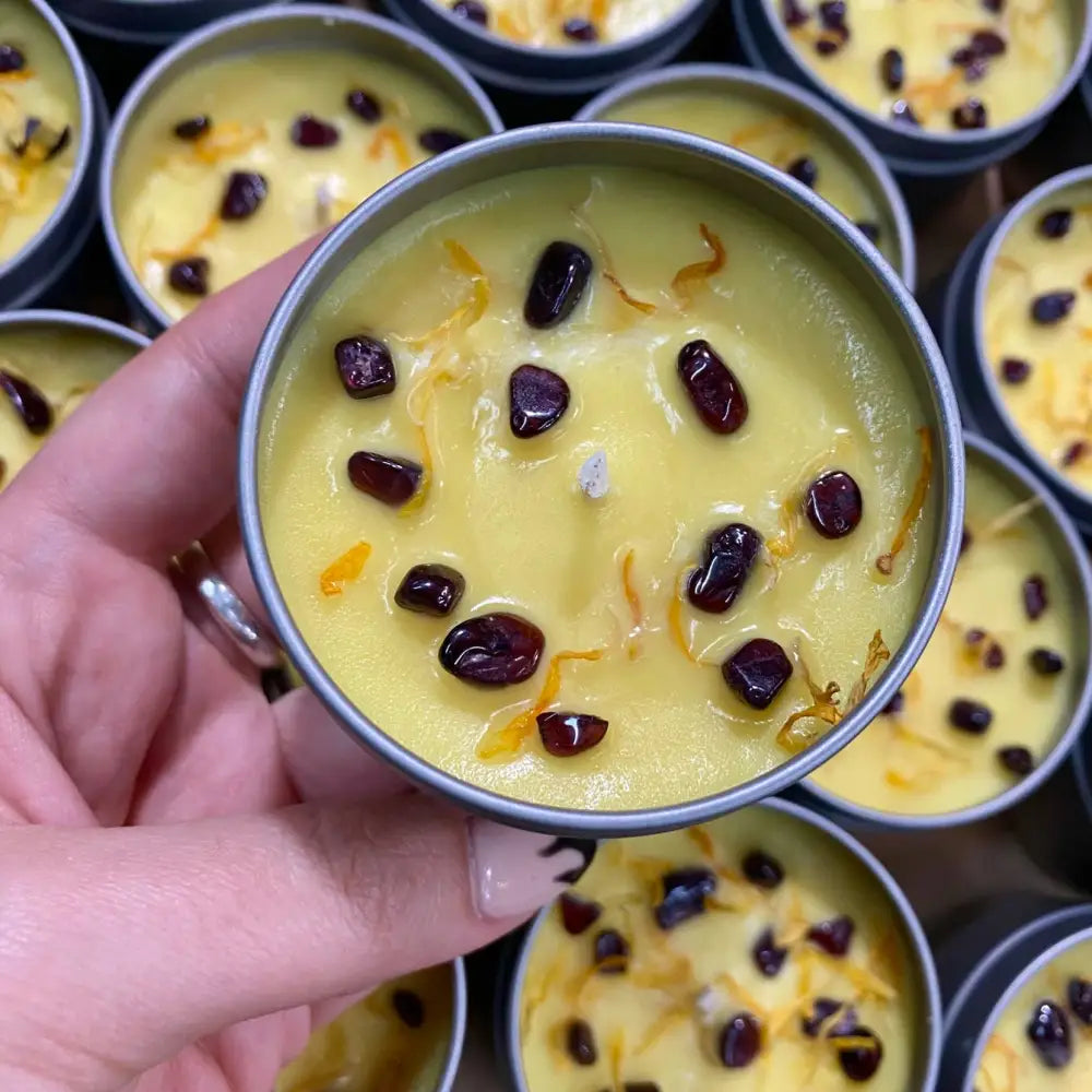 Yellow Garnet and Calendula Jasmine Musk tin candle, 4oz