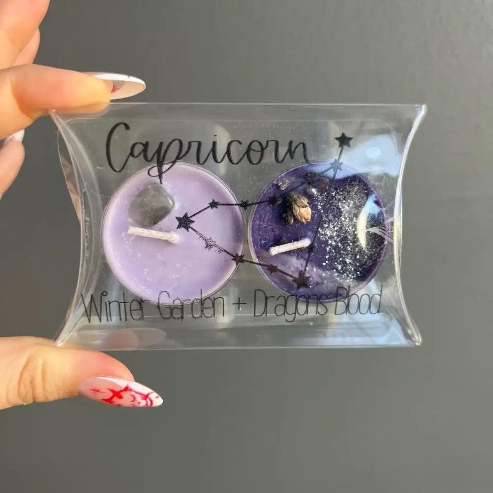 Lavender soy candle set with Capricorn design in clear pack, 4-6 hr burn