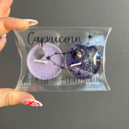 Lavender soy candle set with Capricorn design in clear pack, 4-6 hr burn