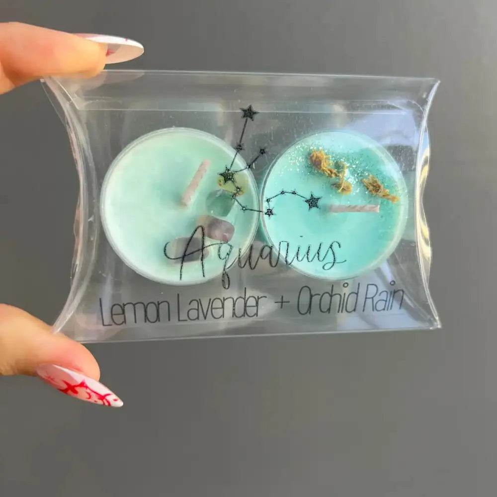Aquarius tealights in lemon lavender and orchid rain scents, soy wax, 4-6 hr burn