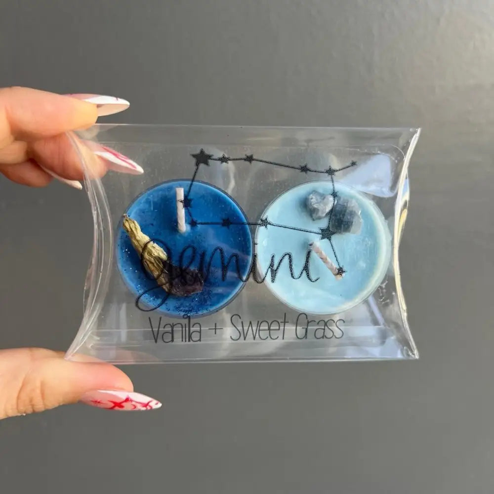 Gemini vanilla and sweet grass Pure Soy Wax candle set in clear package