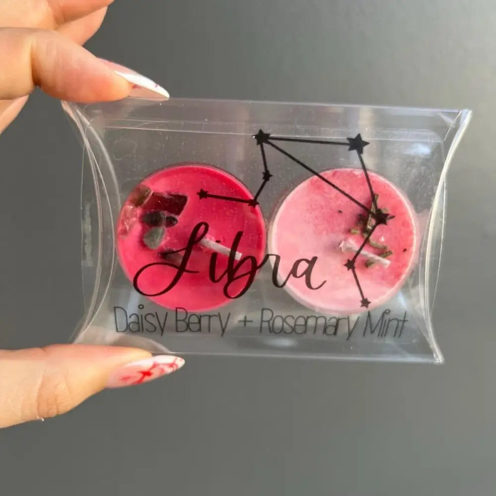 Pink and black Libra constellation soy candle set with daisy berry scents