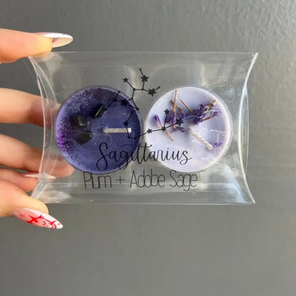 Purple and white Pure Soy Wax candle set in constellation packaging