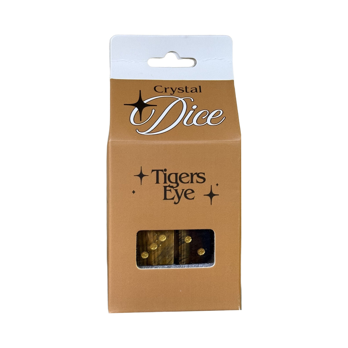 Tigers Eye Crystal Dice box with two tiger's eye dice showing through the window