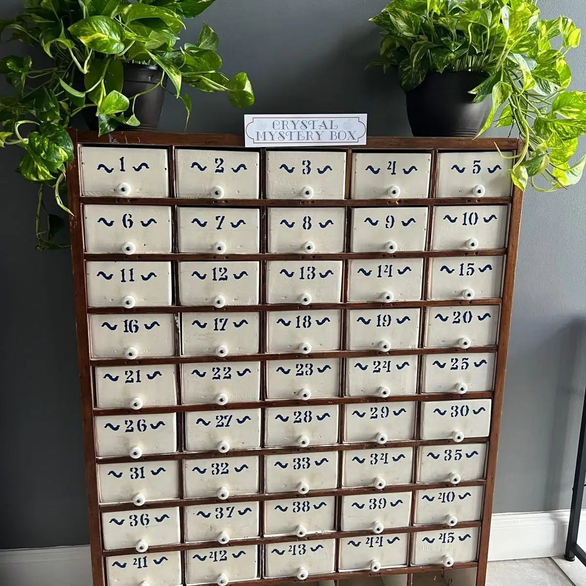 Vintage wooden apothecary cabinet with numbered drawers and white ceramic fronts.
