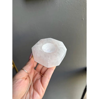 White hexagonal selenite holder for 3 inch octagon crystals