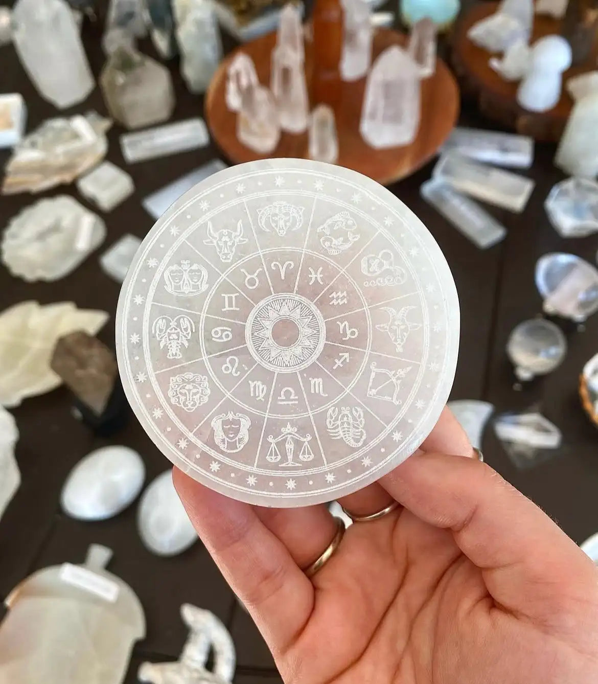 White selenite zodiac wheel coaster