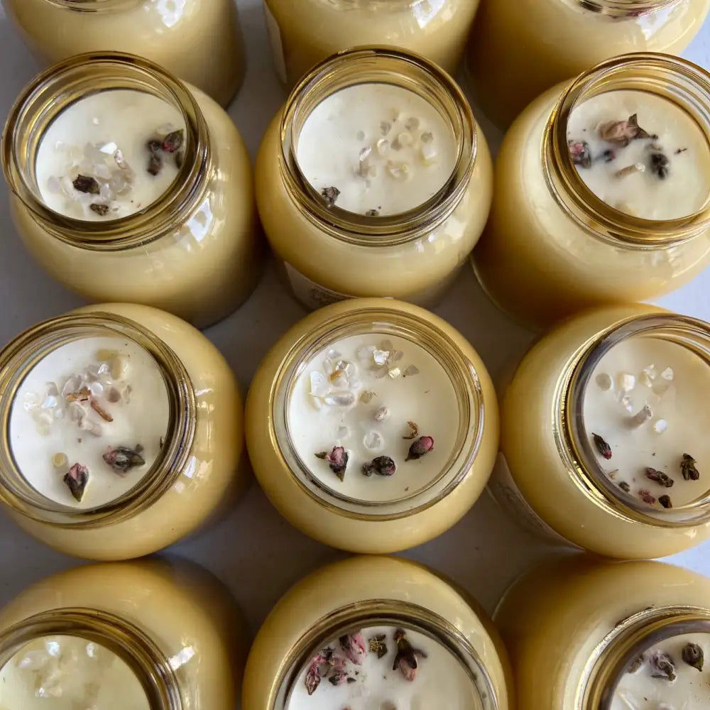 8oz Natural Soy Wax Willow Crystal Jar Candle in yellow with floral decor