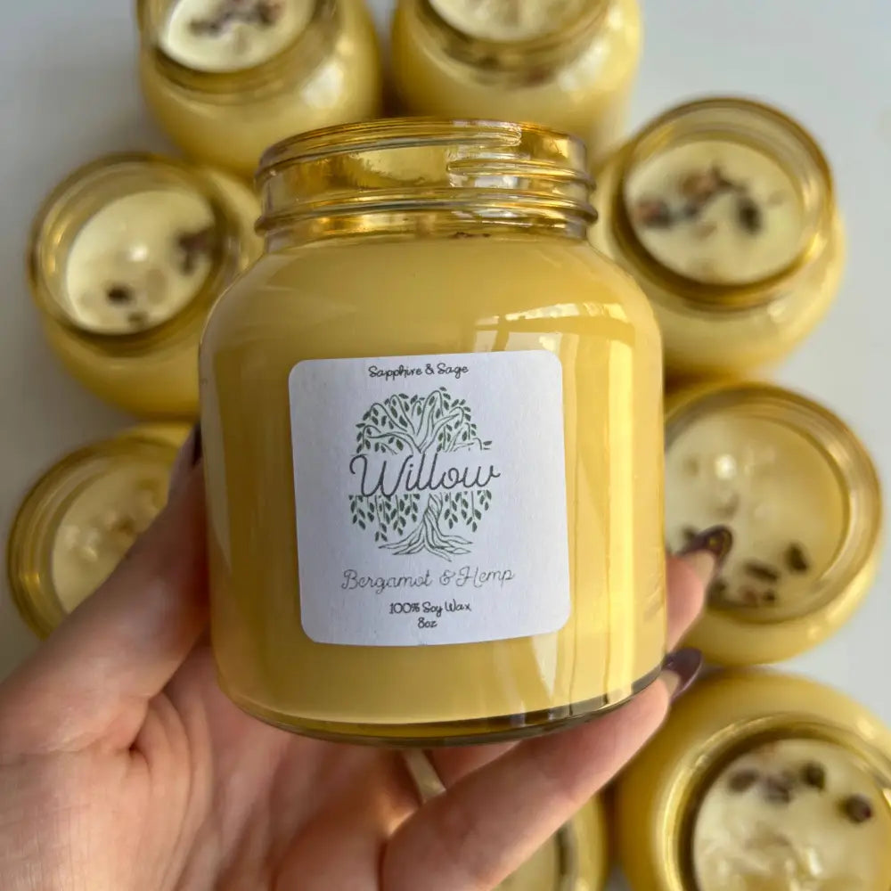8oz Natural Soy Wax Willow Crystal Jar Candle with yellow wax and cinnamon sticks