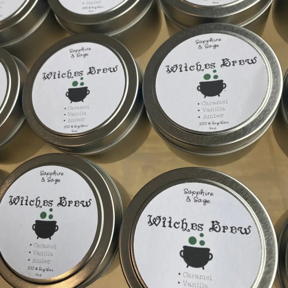 Silver witches brew tin canister with cauldron, soy wax fuchsite candle