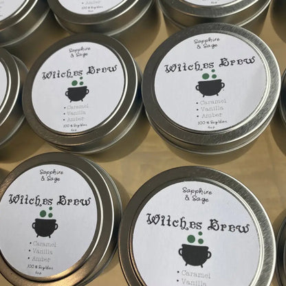 Silver witches brew tin canister with cauldron, soy wax fuchsite candle