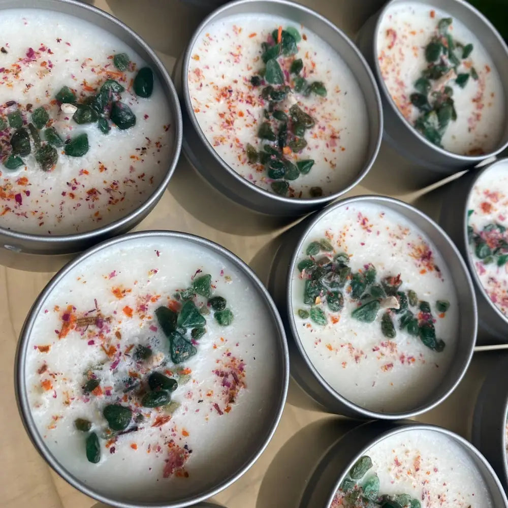 Natural soy wax candle with Fuchsite crystals in tin
