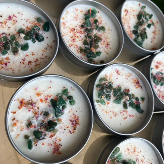 Natural soy wax candle with Fuchsite crystals in tin