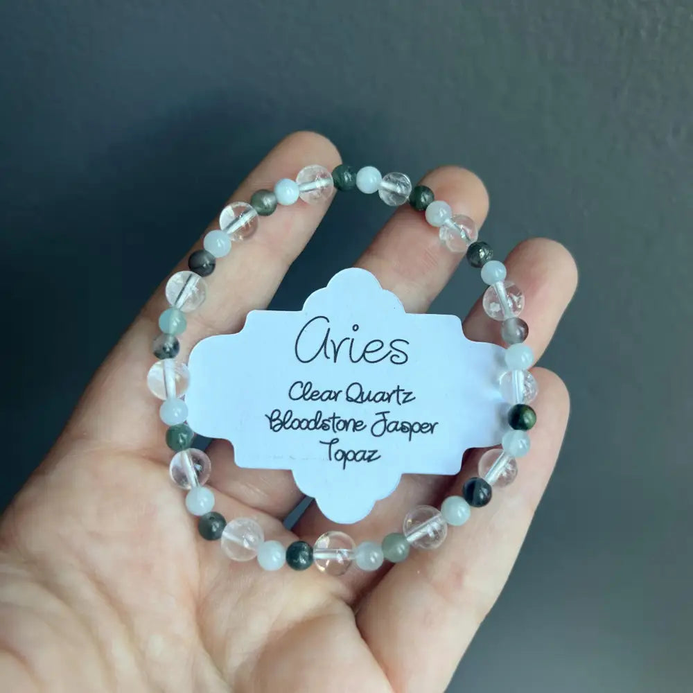 Aries zodiac bracelet with clear quartz, bloodstone jasper, topaz beads