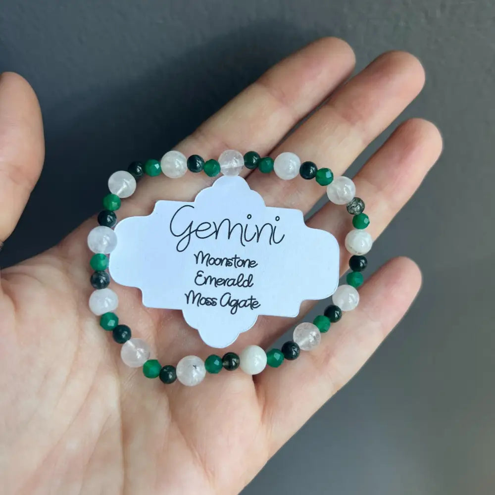 Zodiac Crystal Bracelet with moonstone, emerald, moss agate beads