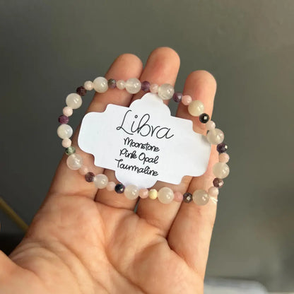 Moonstone and pink opal beaded Libra bracelet with black accents